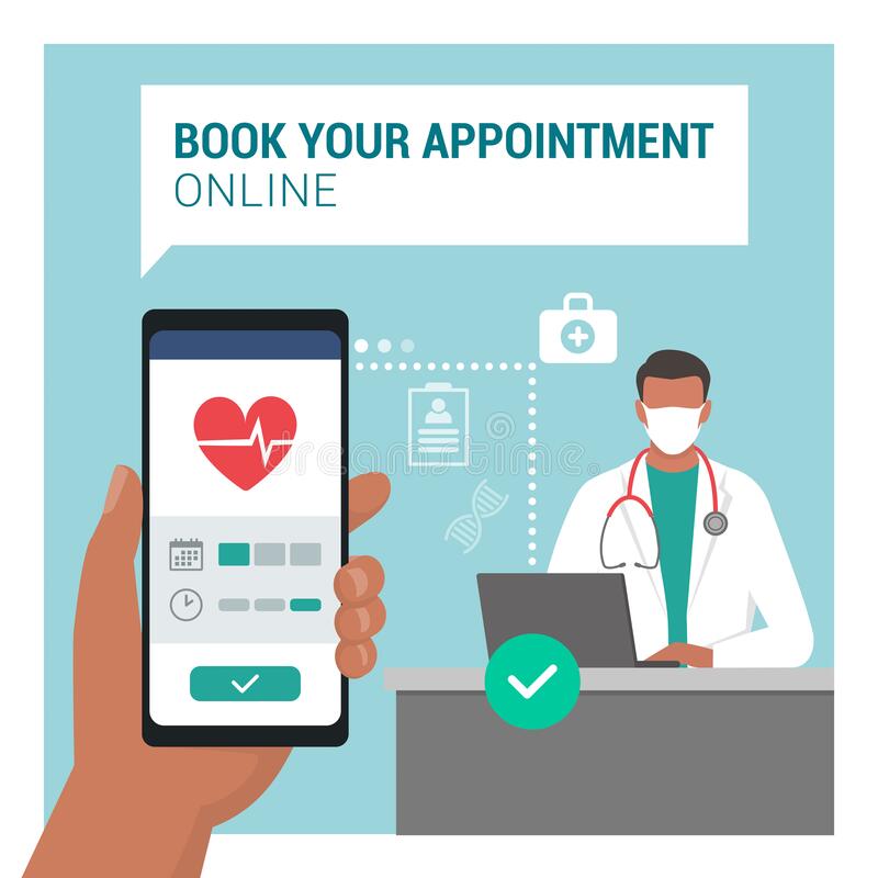 Book your medical appointment online using mobile app doctor sitting 